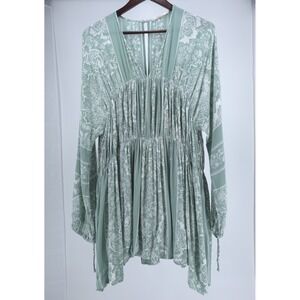 Molly Green Sage Green Paisley Boho Pintuck Babydoll Mini Dress Women Small
